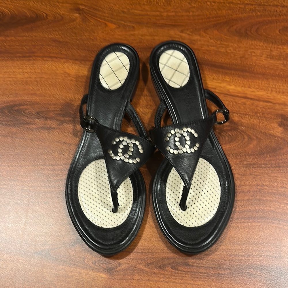 CHANEL Black and White Sandals with Iconic Logo